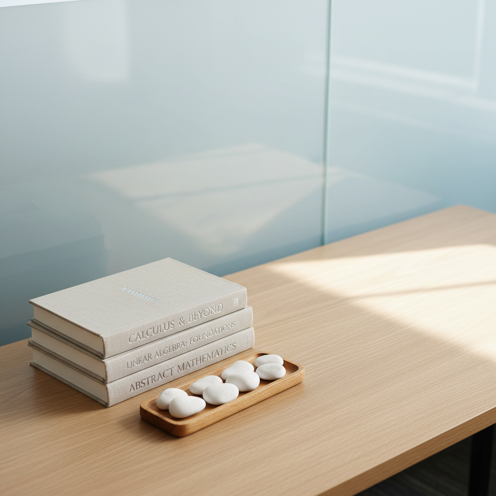 A stack of carefully arranged hardcover math textbooks with neutral-toned linen covers and embossed silver titles, sitting atop a smooth, pale oak desk. Next to the books is a small, organized wooden tray holding polished white stones, symbolizing healing and mindfulness. The workspace sits near an oversized frosted glass partition, softly diffusing natural light to create subtle highlights and gentle, elongated shadows. The mood is serene and orderly, evoking trust and professionalism in a healing and educational context. The composition features an elevated three-quarter angle, using the rule of thirds and emphasizing the structured layout and clean lines, rendered in photographic realism with a minimalist, corporate finish.